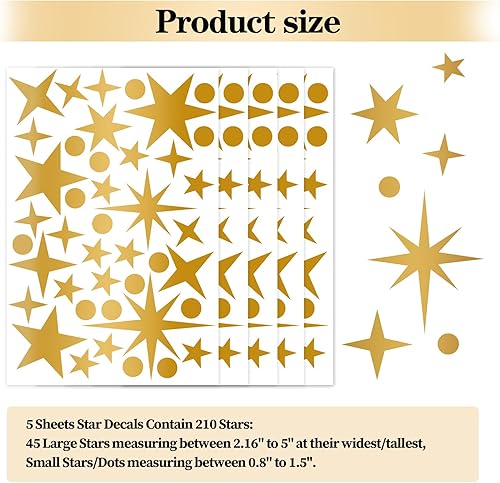 Miniatura 5 de Calcomanías de pared vintage con estrellas doradas, 5 hojas, 210 unidades, calcomanías con estrellas y puntos, calcomanías de arte de pared para