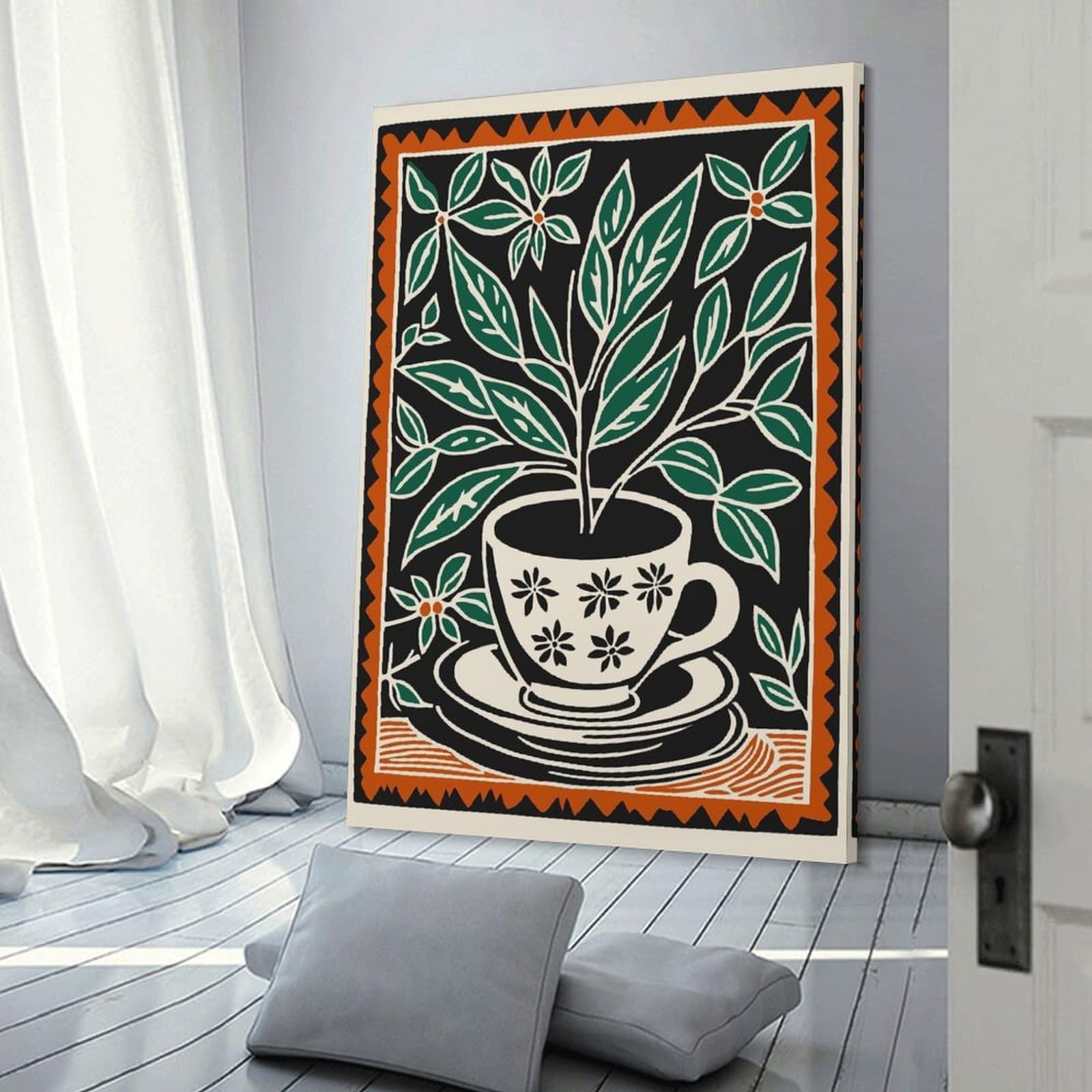 Junmoney Teacup Plant Illustration Canvas Wall Decor 16x24inch(40x60cm), for Calm Bedrooms, Home Corners Or Flats, An Easy Wall Refresh for Bedrooms