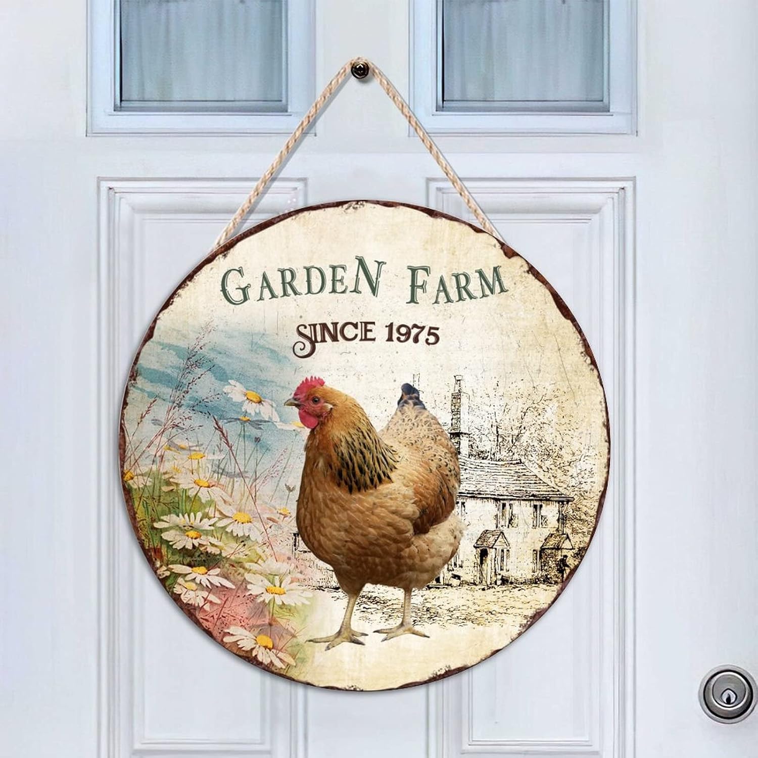 Rooster Front Door Round Wood Sign, Garden Farm Since 1975 Wood Door Sign, Custom Animal 16x16in Wall Hanging Sign Plaque Farmhouse Backyard Door Hanger Wall Decor Housewarming Gifts