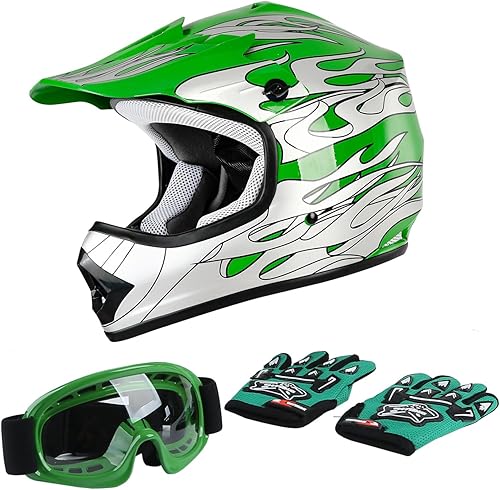 TCT-MT - Casco para motocross, calle o cuatrimoto con lentes y guantes para niños o jóvenes, modelo llama verde, talla XL