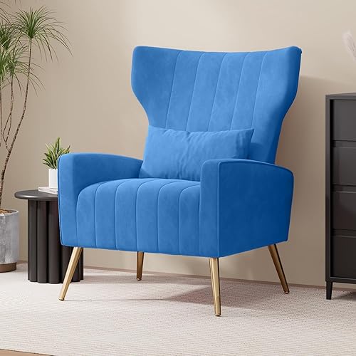 Miniatura 13 de Juego de 2 Sillas de Acento de Terciopelo Wingback para Sala de Estar, Silla de Brazos de Respaldo Alto con Patas Doradas y Almohada Lumbar, Sofá