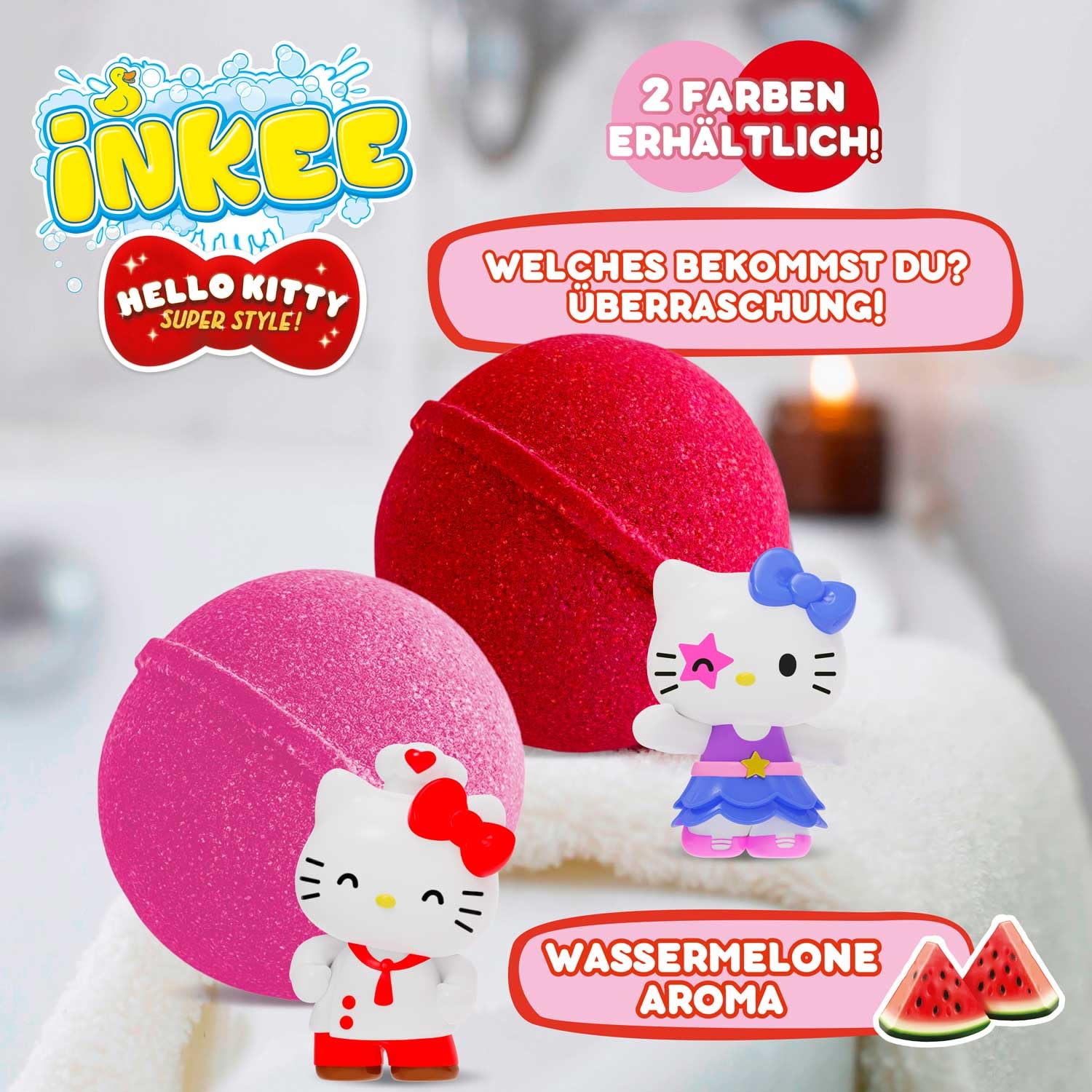 INKEE Hello Kitty 3 Pack - bombe da bagno per bambini con sorpresa - 3 di 6 figure di Hello Kitty da collezionare - 3x palline da bagno da 80 g al gusto di anguria e olio di jojoba, rosa o rosso