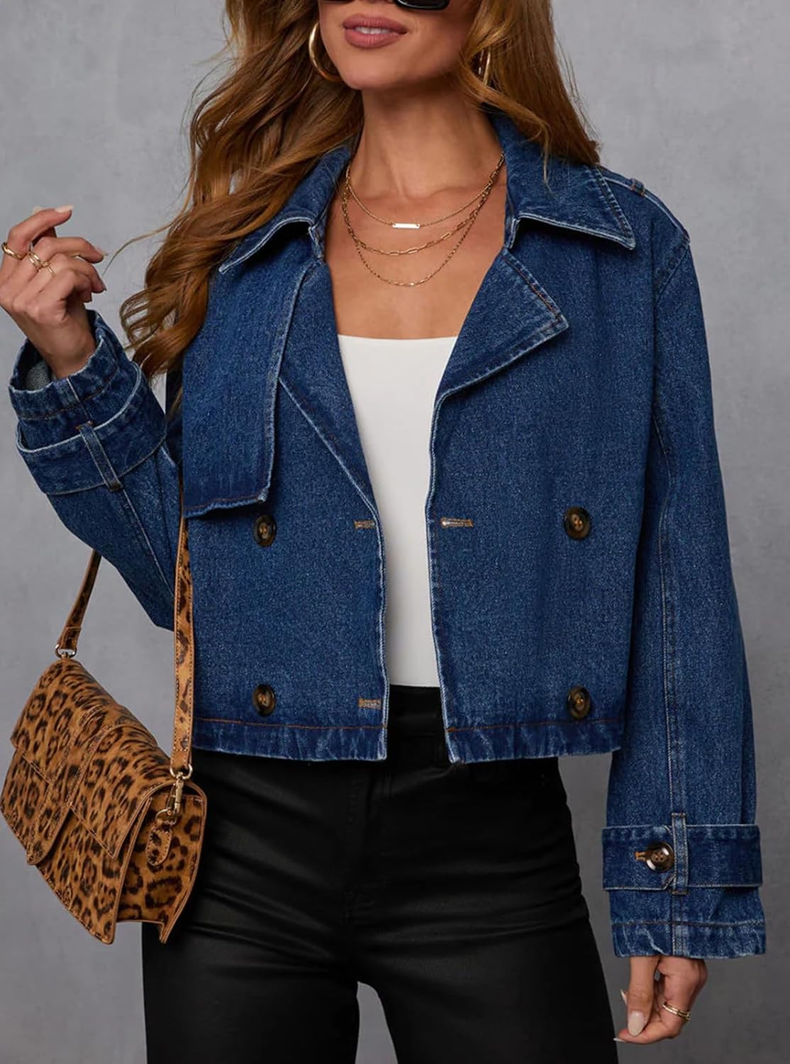 Womens Cropped Double Breasted Denim Trench Coat Vintage Notched Collar Work Office Crop Jean Jacket Belted Cuffs - Image 3