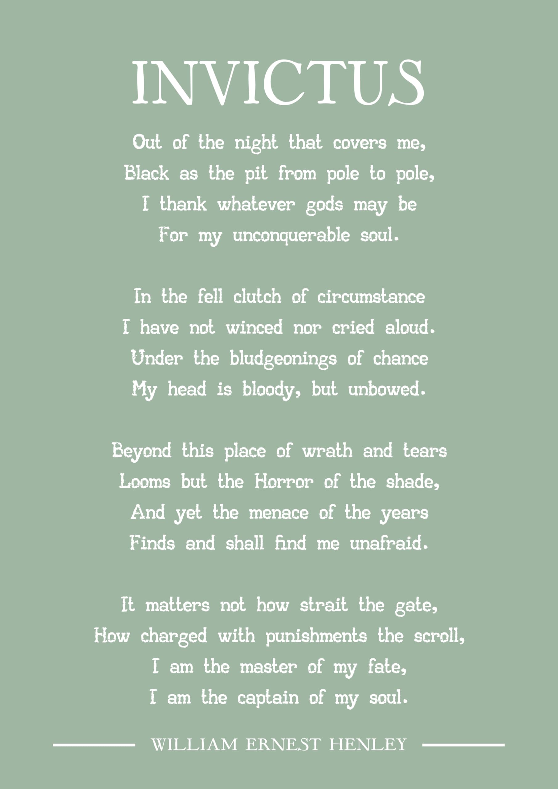 William Ernest Henley Invictus inspiratioinal poem art print. Size A4