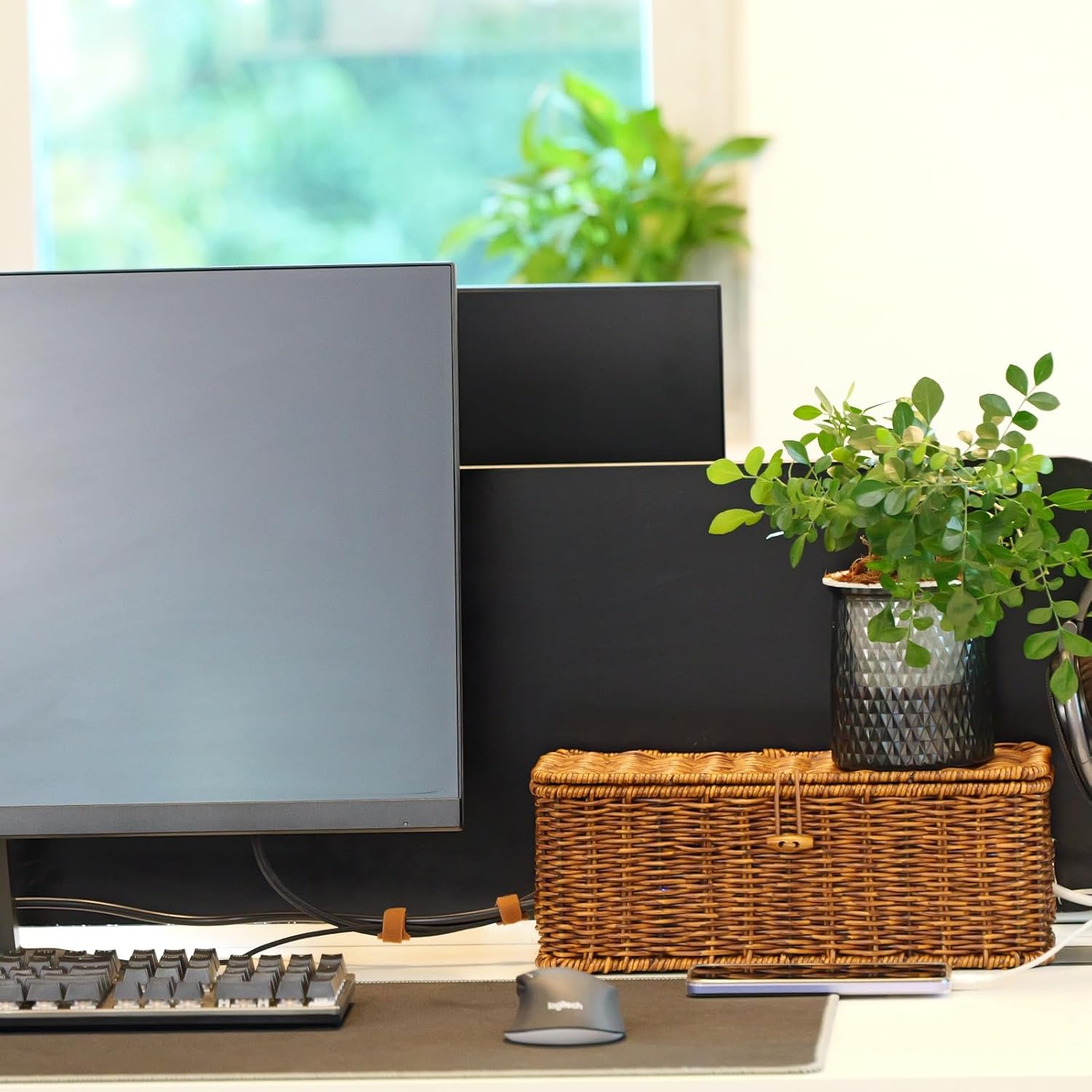 BROWNLILY Cable Management Box, Rattan Style Cord Organizer for Desk Cord Hider Outlet Covers Baby Proofing for Power Strip TV PC Router Charger Under Desk Storage with Lockable Lid and Cable Ties