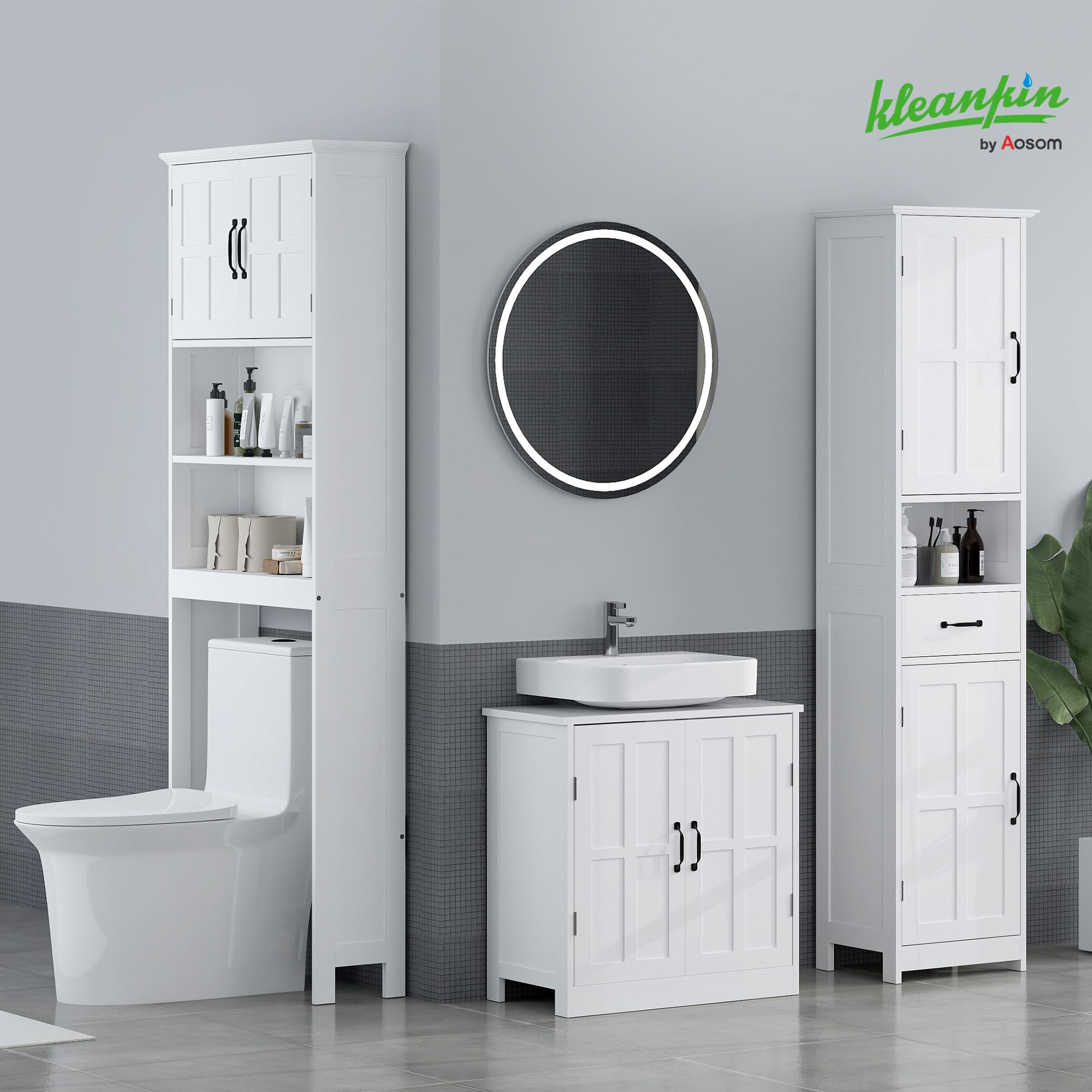 kleankin Mueble sobre Inodoro Armario para Lavadora con 2 Puertas Estantes Abiertos y Estante Ajustable Mueble para Baño 66x23x178 cm Blanco