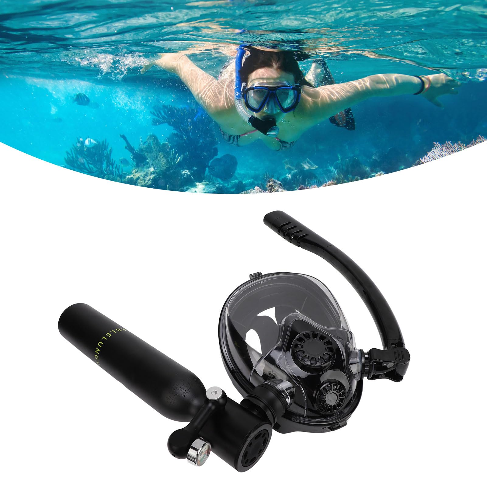 Cilindro de Buceo con Máscara de Snorkel, Cilindro de Buceo Portátil de 0,5 L, de Snorkel de Cara Completa con Máscara de, Ideal para Practicar