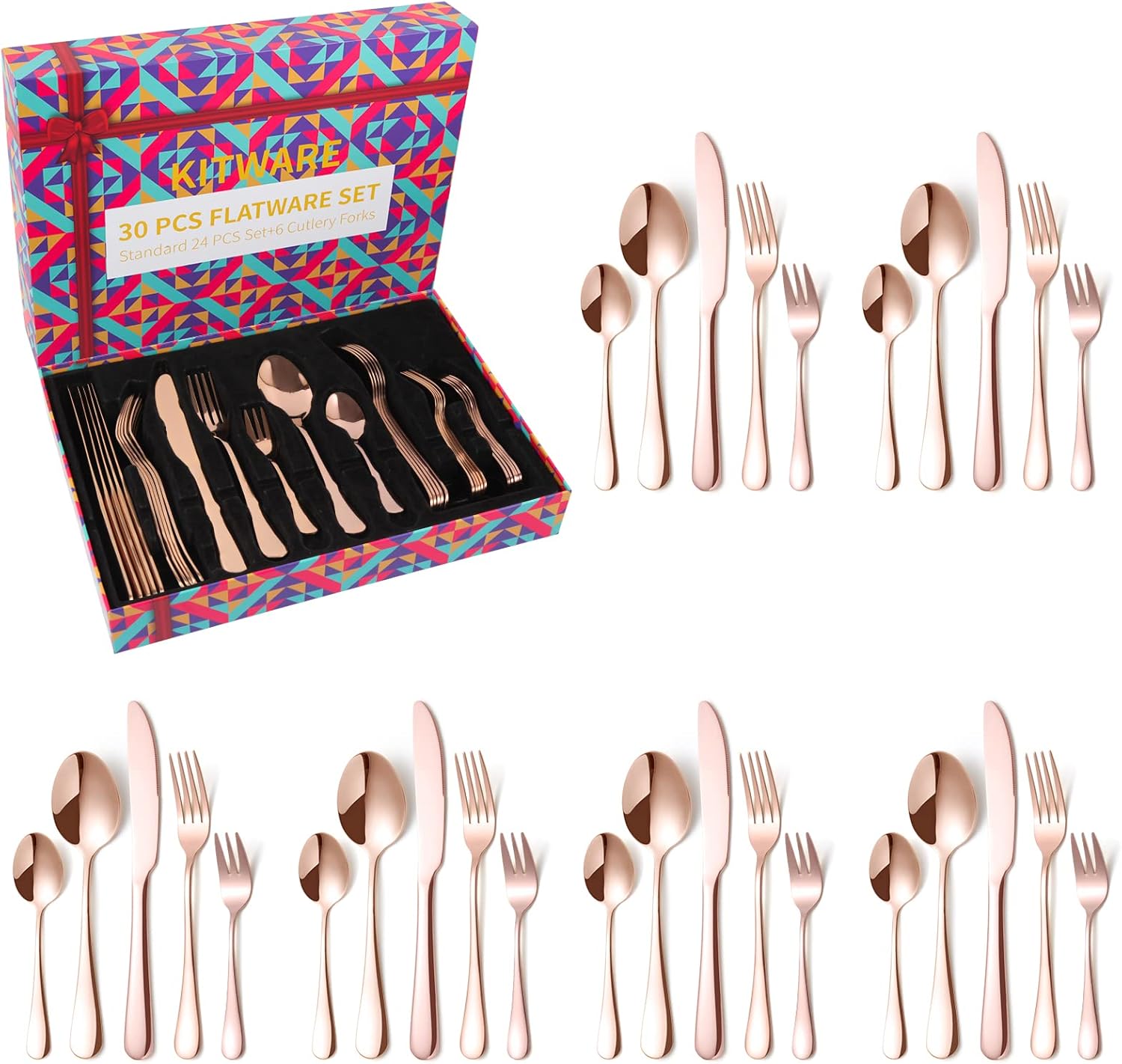 30 Pieces Rose Gold Silverware Set, Stainless Steel Rose Gold Cutlery Flatware Set