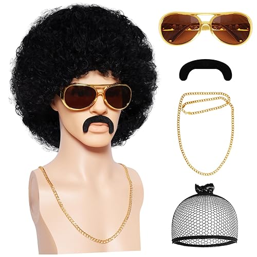 5 piezas de peluca afro de los años 70 para hombre, disfraz de discoteca, lentes, cadena, bigote, pelo corto y rizado, peluca de cabello negro