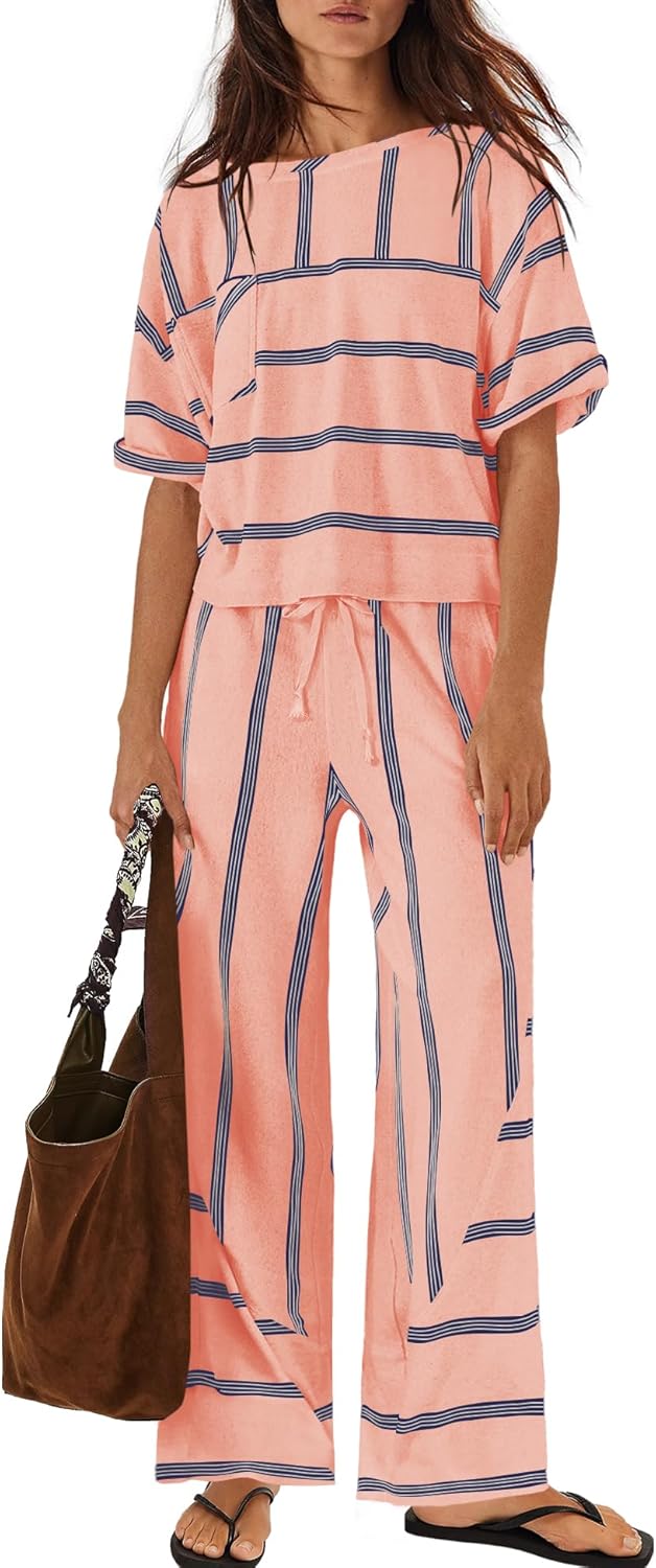 Nirovien Womens Striped Lounge Set 2 Piece Vacation Sets Short Sleeve Tops and Wide Leg Pants Travel Sets with Pockets