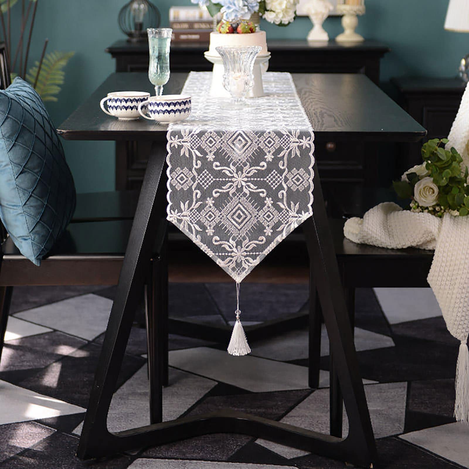 Elegante e lussuoso Runner da tavolo da ricamo da 2 pezzi for cucina, Cucina di casa, festa di Partito, Decorazioni per la casa rettangolare, runner da tavola in pizzo Regali di festa(33*90CM)