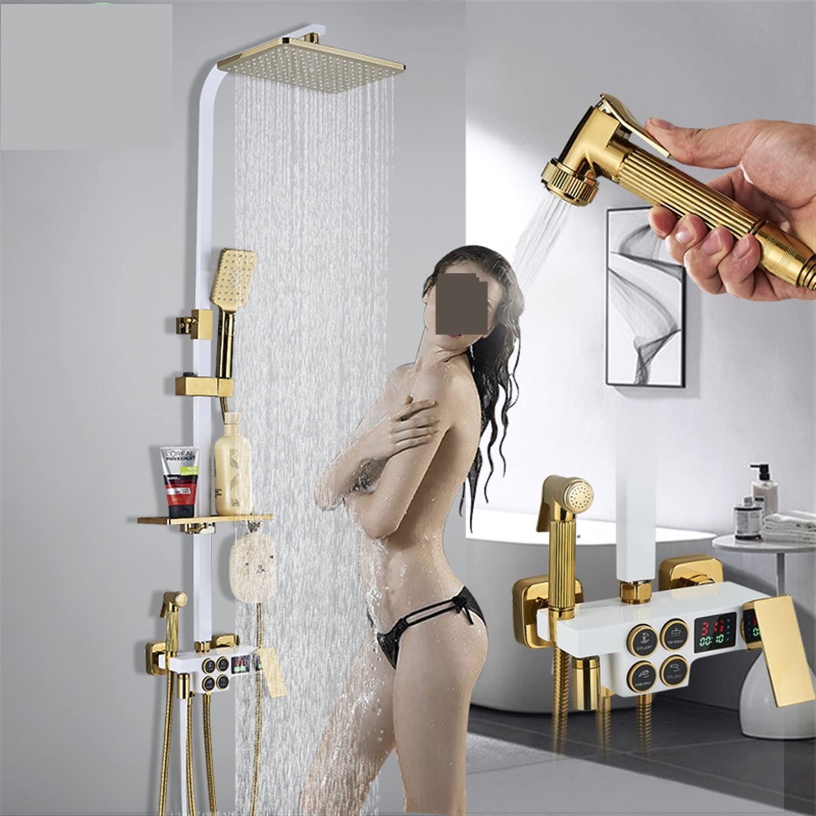 Set Doccia termostatico LCD Doccia con Rubinetto a Pioggia Bianco e Oro con doccetta e Rubinetto Bidet con Bocca Vasca(Thermostatic 001)