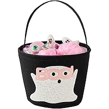 Halloween Basket Ghost Bucket for Kids, Cute Trick or Treat Baskets Bag with Embroidery, Girl Spooky Candy Buckets Foldable Ghost Buckets Gift Baskets Empty for Halloween Party Decorations (Pink)