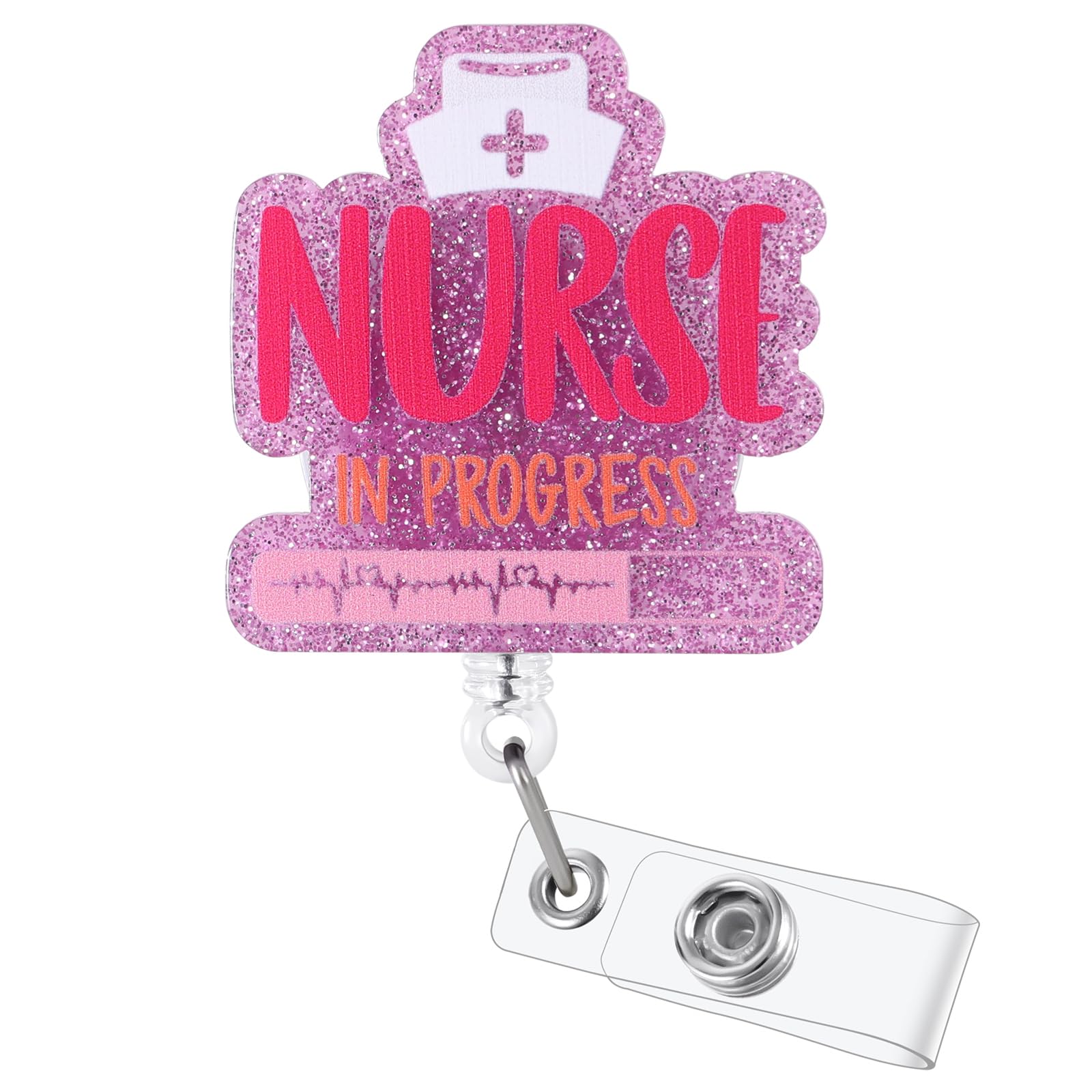 Nurse in Progress Funny Badge Reel, Pink Retractable ID Card Badge Holder, Name Tag Work Badge Clip for ICU Night Shift RN LPN CNA MA ER Nursing
