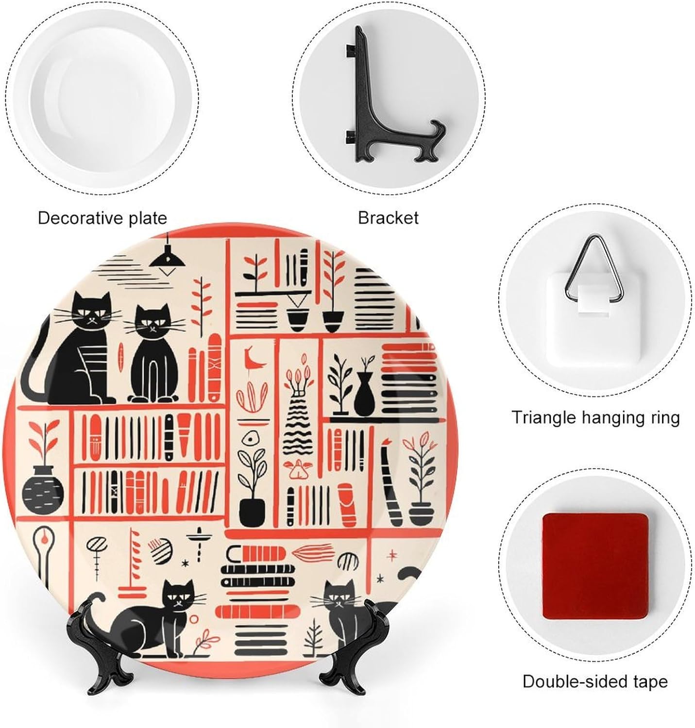 Book Or Cat Decorative Plates for Display Round Porcelain Plate Living Room Table Ceramic Hanging Decorative Plate Art Decor for Living Room Table with 1 Display Stand 10inch