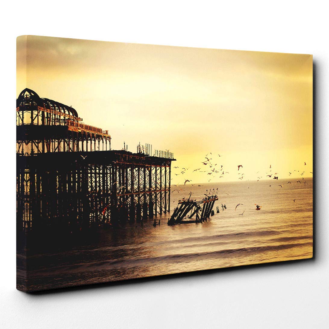 West Pier Brighton Seascape Canvas Print | Gallery Wrapped 30mm Frame Wall Art | 24x16 inches | Ready to Hang | Modern Seascape Picture | Living Room Bedroom Lounge Office