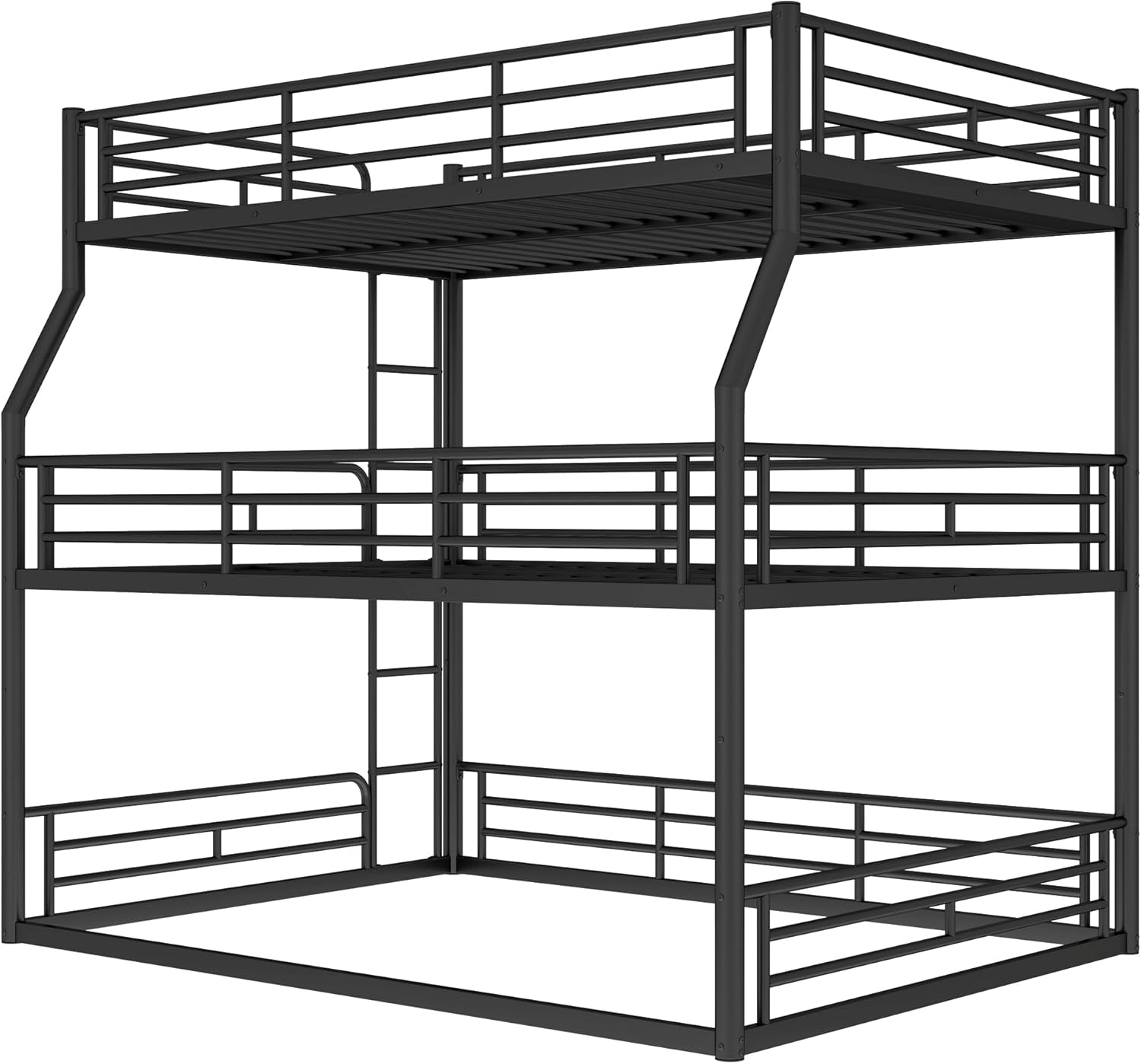 Full XL over Queen over Queen Heavy Duty 3 Bunk Beds with Safety Guardrail, Floor Triple Bunk Bed with Detachable Design for All Ages, Bedroom, No Box Spring Needed, Easy Assembly, Black