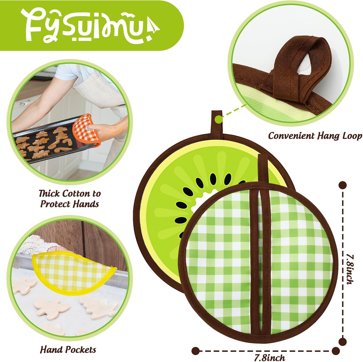 FYSUIMU 4 Pack Fruit Pot Holder Heat Resistant Orange Lemon Kiwi Watermelon Kitchen Hot Pad Pan Potholder Oven Mitt Trivet Mat for Countertop Table Baking Cooking, 7.8 in