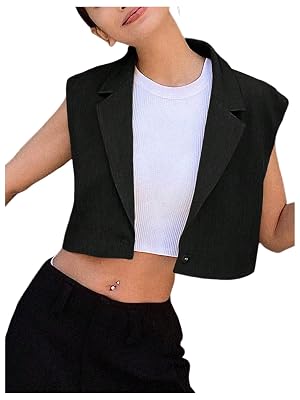 GORGLITTER Womens Suit Vest Crop Sleeveless Tops Lapel Button Front Waistcoat Crop Blazer Vests