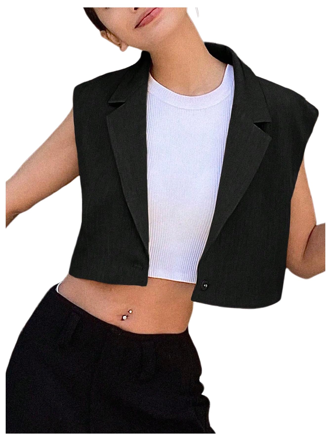 GORGLITTER Womens Suit Vest Crop Sleeveless Tops Lapel Button Front Waistcoat Crop Blazer Vests