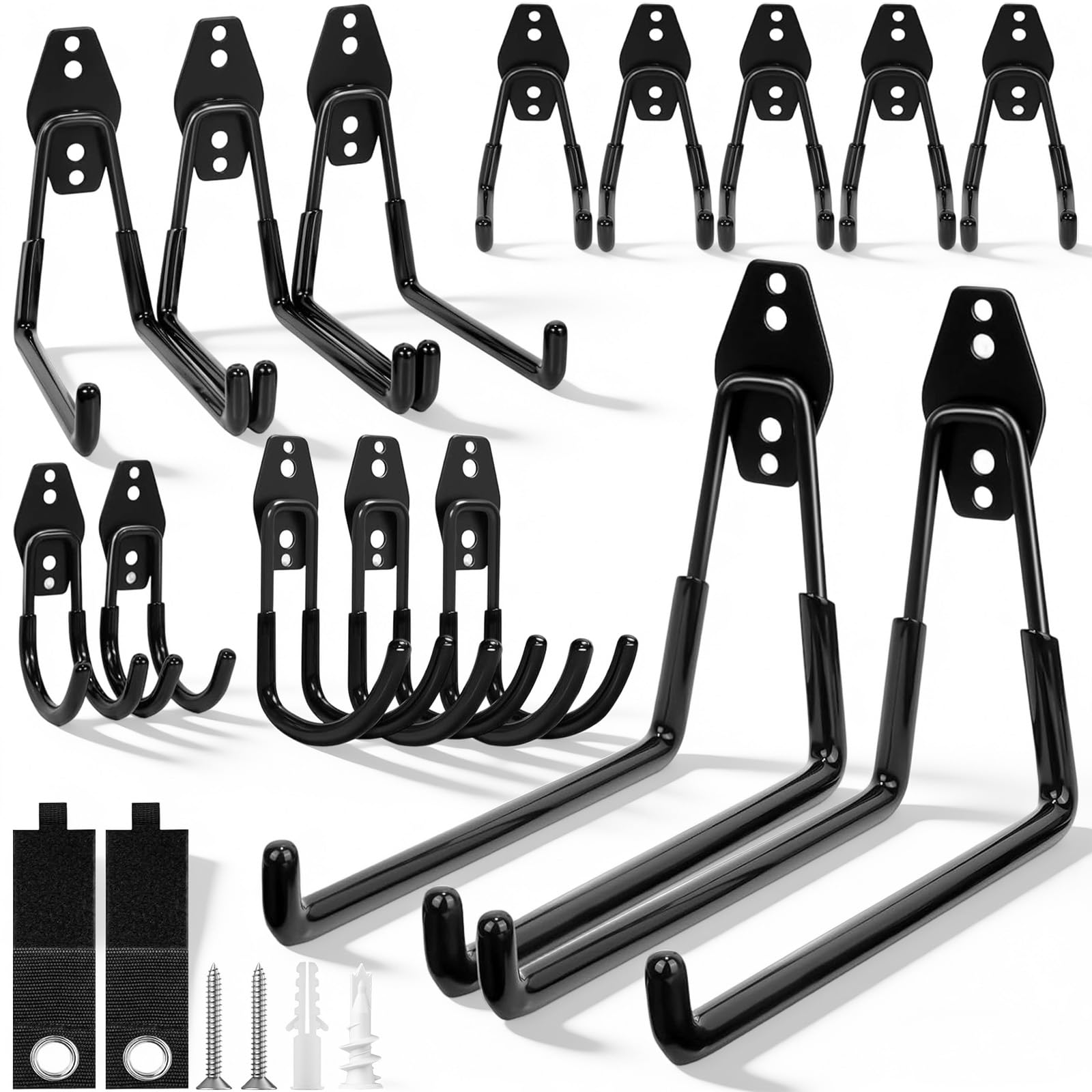 Set di ganci da 16 pezzi, ganci da parete con rivestimento antiscivolo per carichi pesanti per riporre utensili elettrici, attrezzi da giardino, scale, tubi flessibili