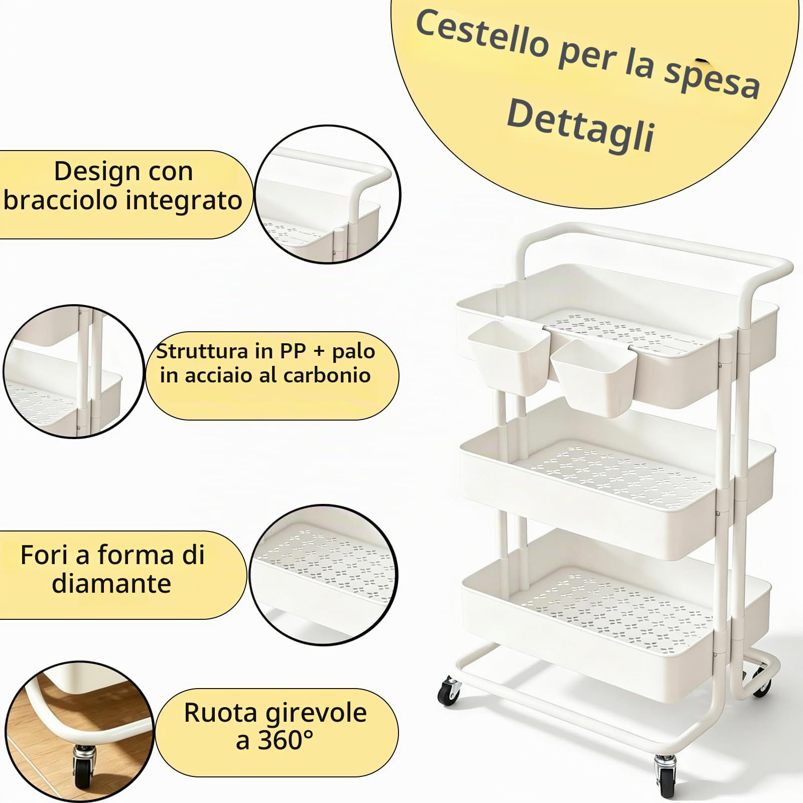 Carrello Cucina a 3 Ripiani, Carrello con Ruote Portatutto Cucina, Carrellino Salvaspazio, Carrello Portaoggetti con 2 Scatole, Supporto in Metallo e Cestino Plastica, 39x36x80cm, Bianco