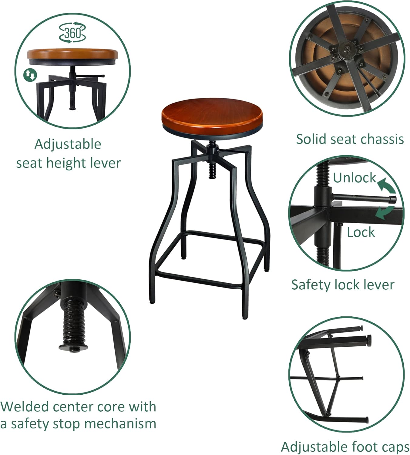 eHemco Adjustable Swivel Metal Kitchen Counter Height Barstool with Wood Veneer Seat, Black, Set of 3