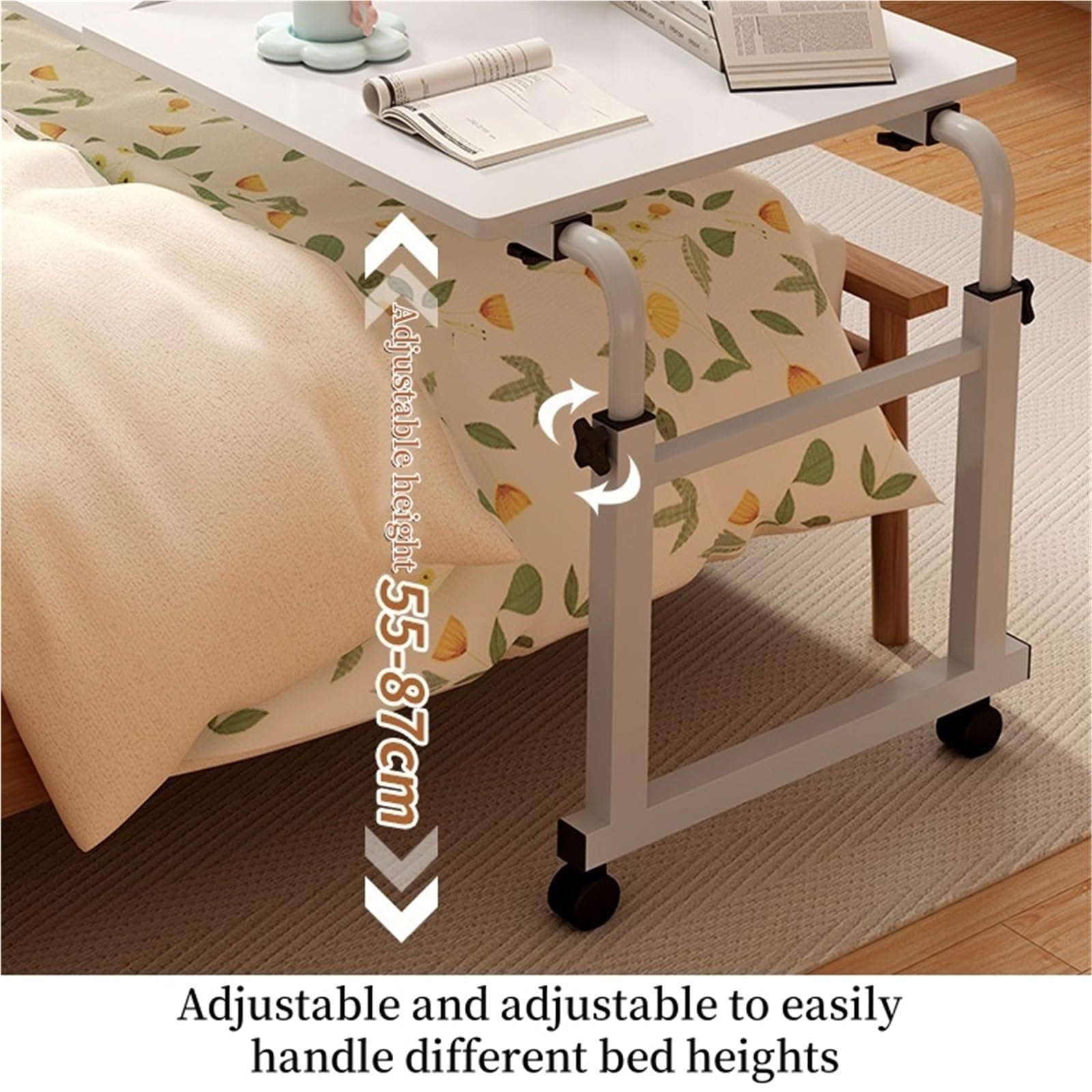 Mesa ajustable sobre la cama con ruedas, altura y longitud ajustables, escritorio abatible, escritorio de oficina portátil de metal para sala de estar y dormitorio, mesita de noche con ruedas (acabado