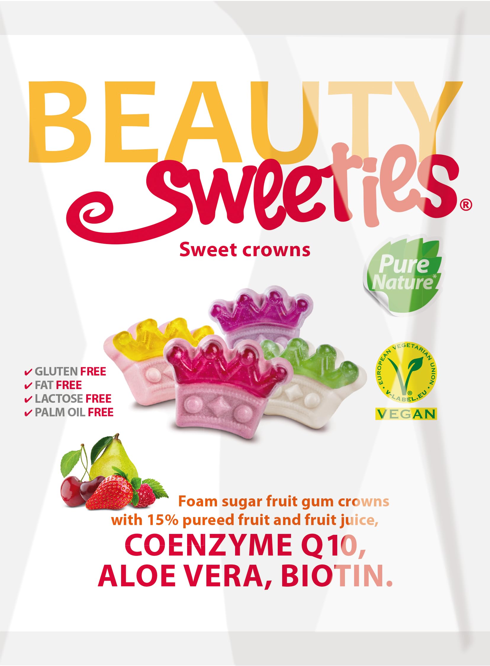 BeautySweeties Süße Kronen 125 g | Fruchtig-süße & vegane Fruchtgummi-Kronen mit 15% Fruchtmus und Fruchtsaft | Mit Coenzym Q1, Aloe Vera und Biotin | 1 x 125 g Beutel