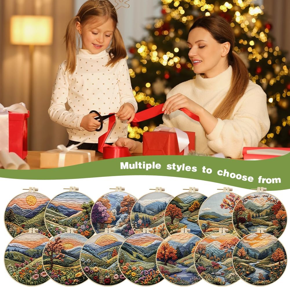 Eforcase Embroidery Starter Kit for Adult Beginner with Landscape Tree Mountain River Floral Nature Scenery Pattern Cross Stitch Hand Embroidery Set DIY Cross Stitch Kits with Hoops Needles Threads