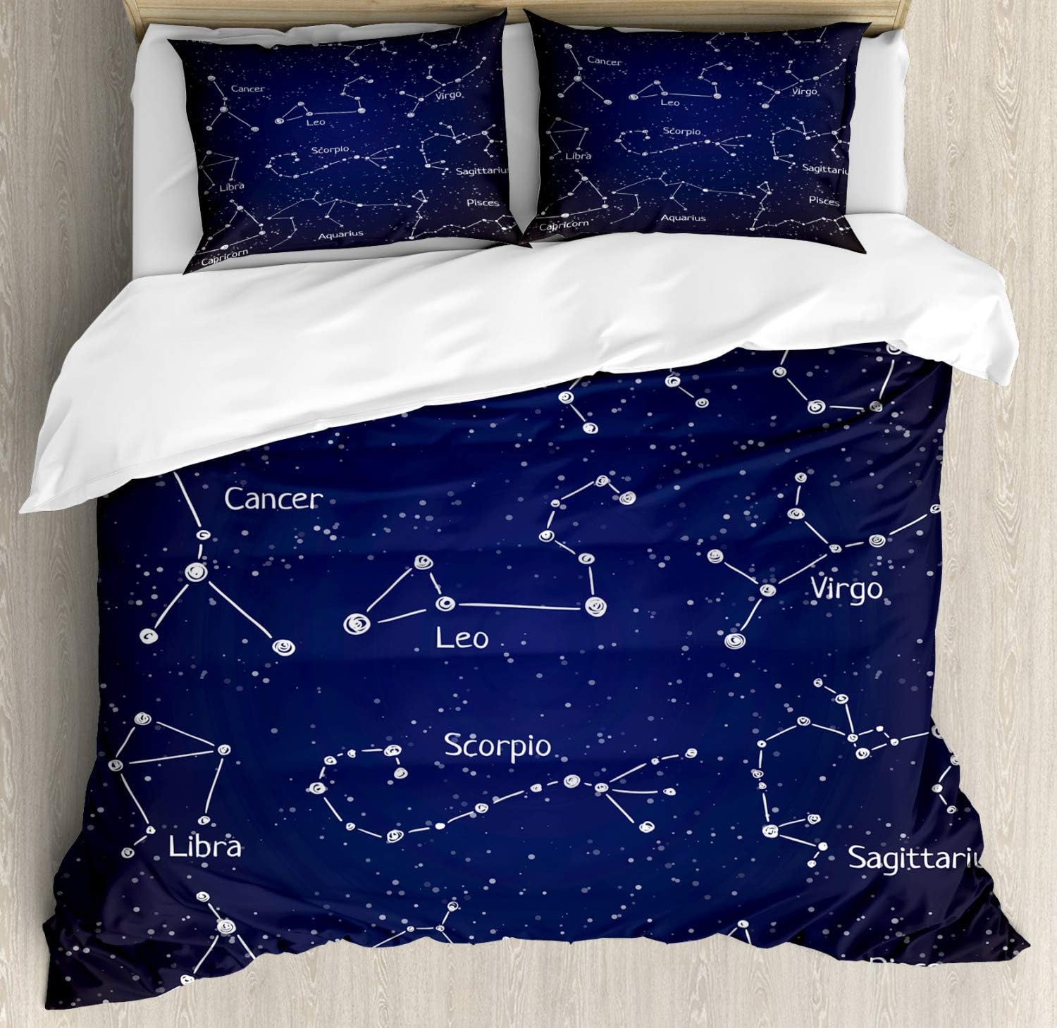 Ambesonne Constellation Duvet Cover Set, Doodle Chalk Writing Style Zodiac Star Clusters and Sign Names, Decorative 3 Piece Bedding Set with 2 Pillow Shams, Queen Size, Blue Dark Blue White