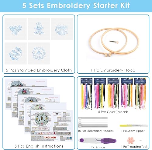Miniatura 2 de ERKOON Juego de 5 juegos de bordado para principiantes, juego de costura práctico para manualidades de arte, patrones de abejas y flores, kits de