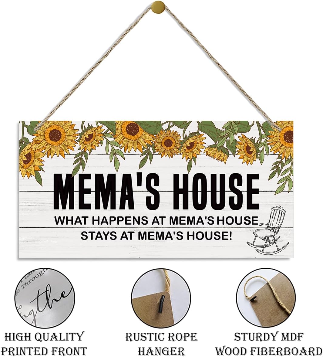 Rustic Mema's House Decor Sign, Sunflower Sign, Hanging Decorative Wood Plaque, Printed Wood Art Wall Decor, What Happens at Mema's House, Stays at Mema's House Sign, Gift for Grandma 12x6in - Image 5