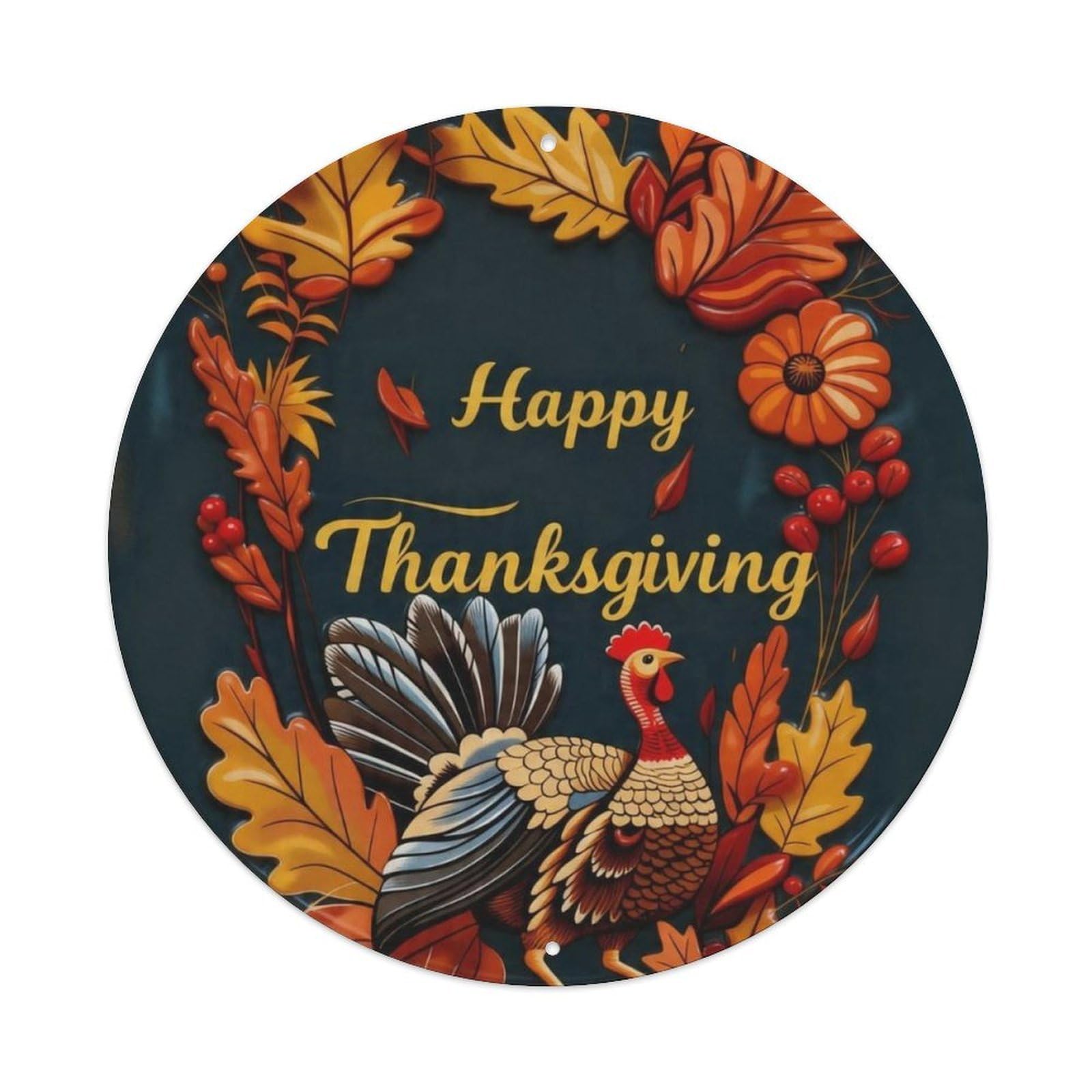 Embossed Turkey Autumn Leaf Thanksgiving Round Decor Sign Vintage Aluminium Metal Sign, Retro Wall Decor for Home, Bar, Garage & Farmhouse 20x20cm