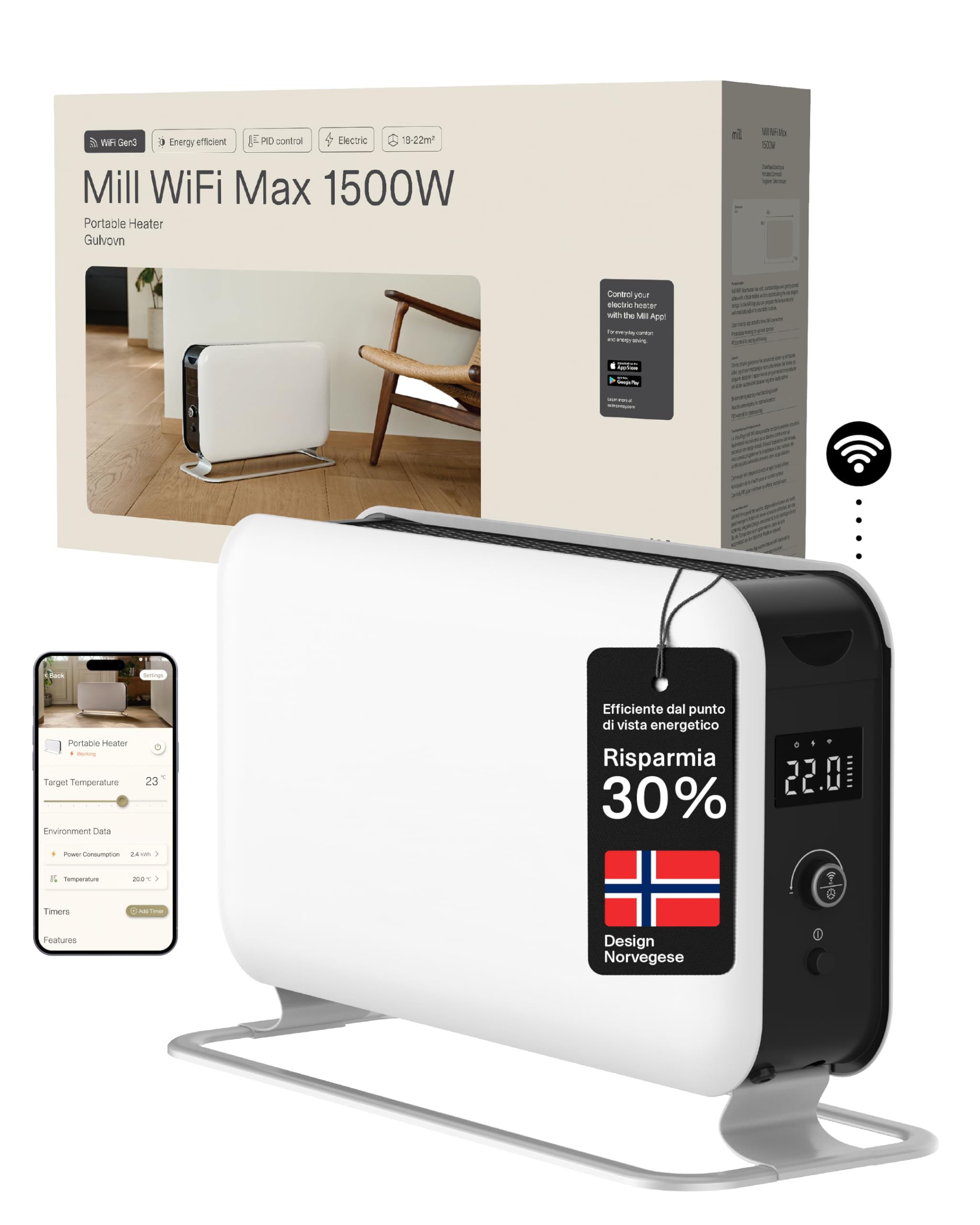 Mill WiFi Max Riscaldatore Elettrico Smart Portatile 1500W con Wi-Fi e App, Stufa per Bagno per 18–22 m², Radiatore Elettrico a Basso Consumo, Silenzioso, Temperatura Superficiale Ridotta
