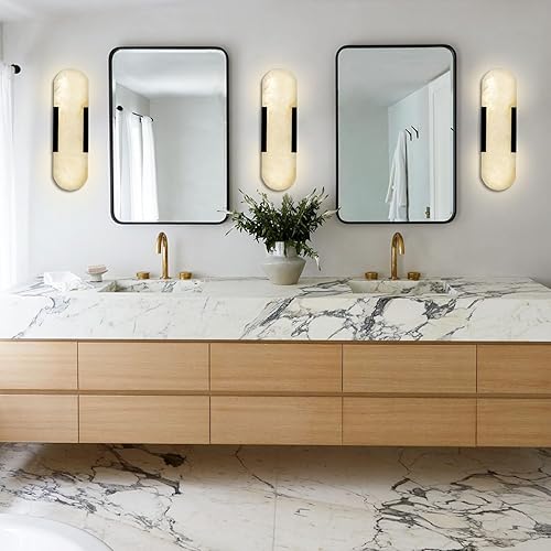 Miniatura 6 de Juego de dos apliques de pared, lámpara de pared de alabastro, accesorios de tocador negro mate para baño, lámpara de pared moderna de mesita de