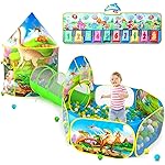 3PC Dinosaur Play Tents for Boys with Piano Mat, Kids Play Tent with Ball Pit, Crawl Tunnel, Castle Tent for Toddlers, Baby Dinosaur World Playhouse Toys