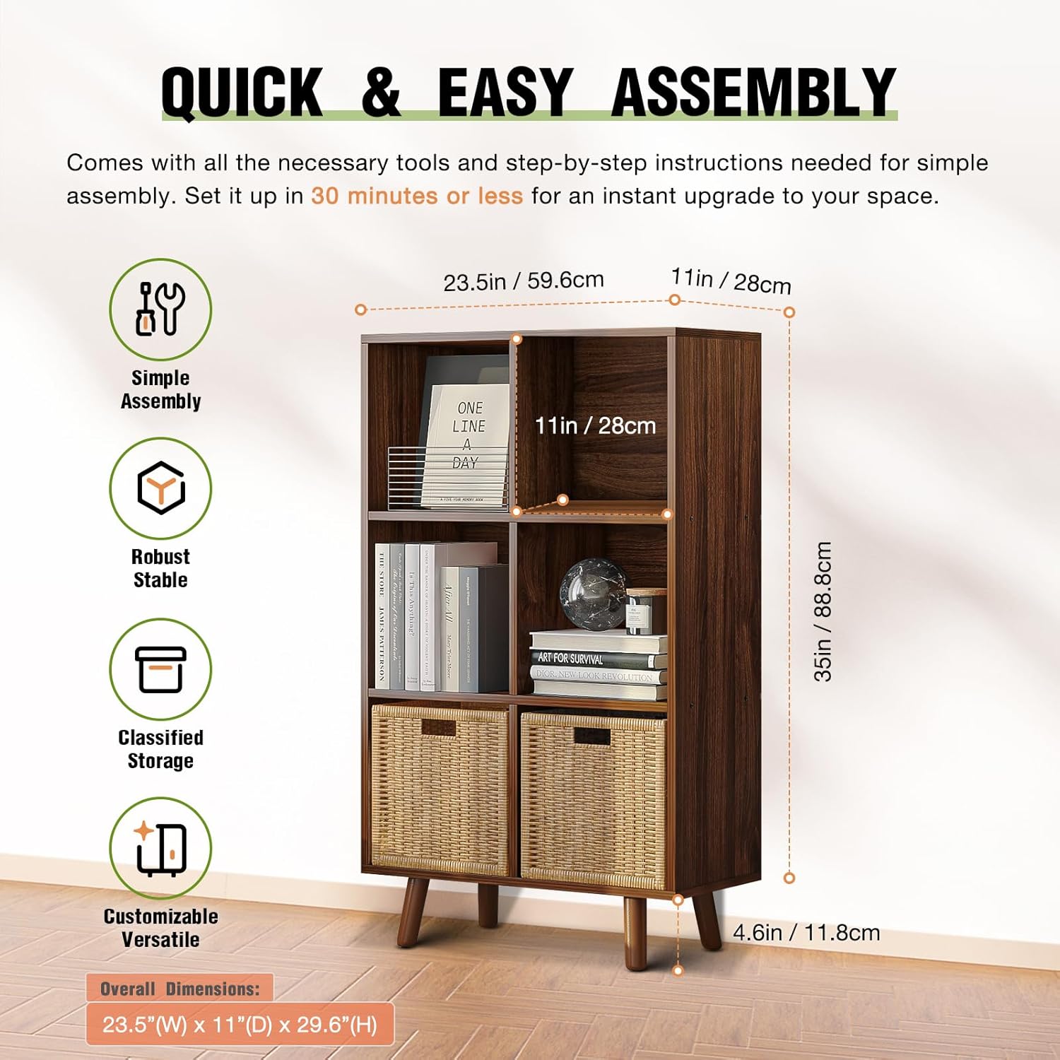 6-Cube Open Shelf Bookcase - 3-Tier Wooden Floor-Standing Bookshelf with Legs and Backpanel, Ideal for 11-inch Fabric Storage Bins and Miscellaneous Organizer, Walnut