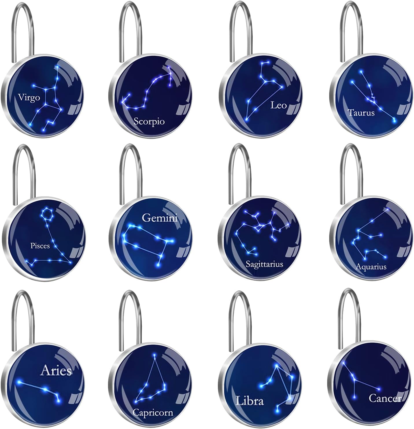 12 Pcs Zodiac Constellation Shower Curtain Hooks, Stainless Steel Resin Crystal Glass Decorative Shower Hooks, Rust Proof Shower Curtain Rings Shower Curtain Hangers for Bathroom