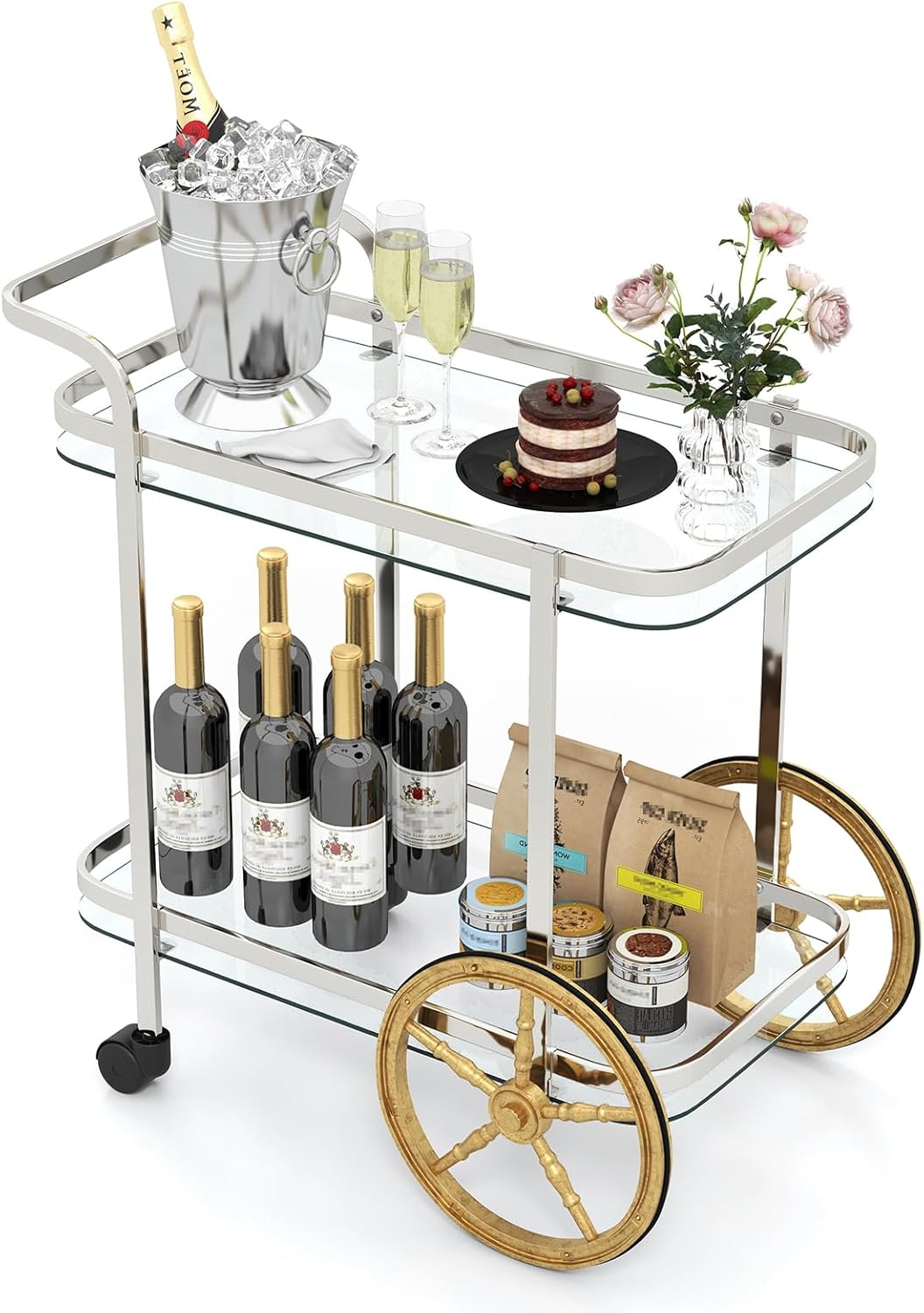 Giantex 2-Tier Bar Cart, Stylish Rolling Serving Cart w/Tempered Glass Shelves, 2 Large Aluminum Front Wheels, Stainless Steel Frame, Mobile Storage Shelf, Home Trolley Cart for Kitchen, Dining Room