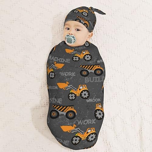 Miniatura 3 de Kids Construction Machines - Manta para envolver recién nacidos, con juego de gorro, saco de dormir suave para bebé, elástico y ajustable, mantas de