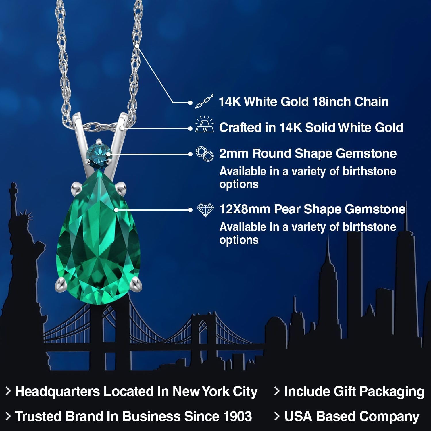 Gem Stone King 14K White Gold Green Nano Emerald and Blue Diamond Pendant Necklace for Women | 2.47 Cttw | Gemstone May Birthstone | Pear Shape 12X8MM | With 18 Inch Chain - Image 2