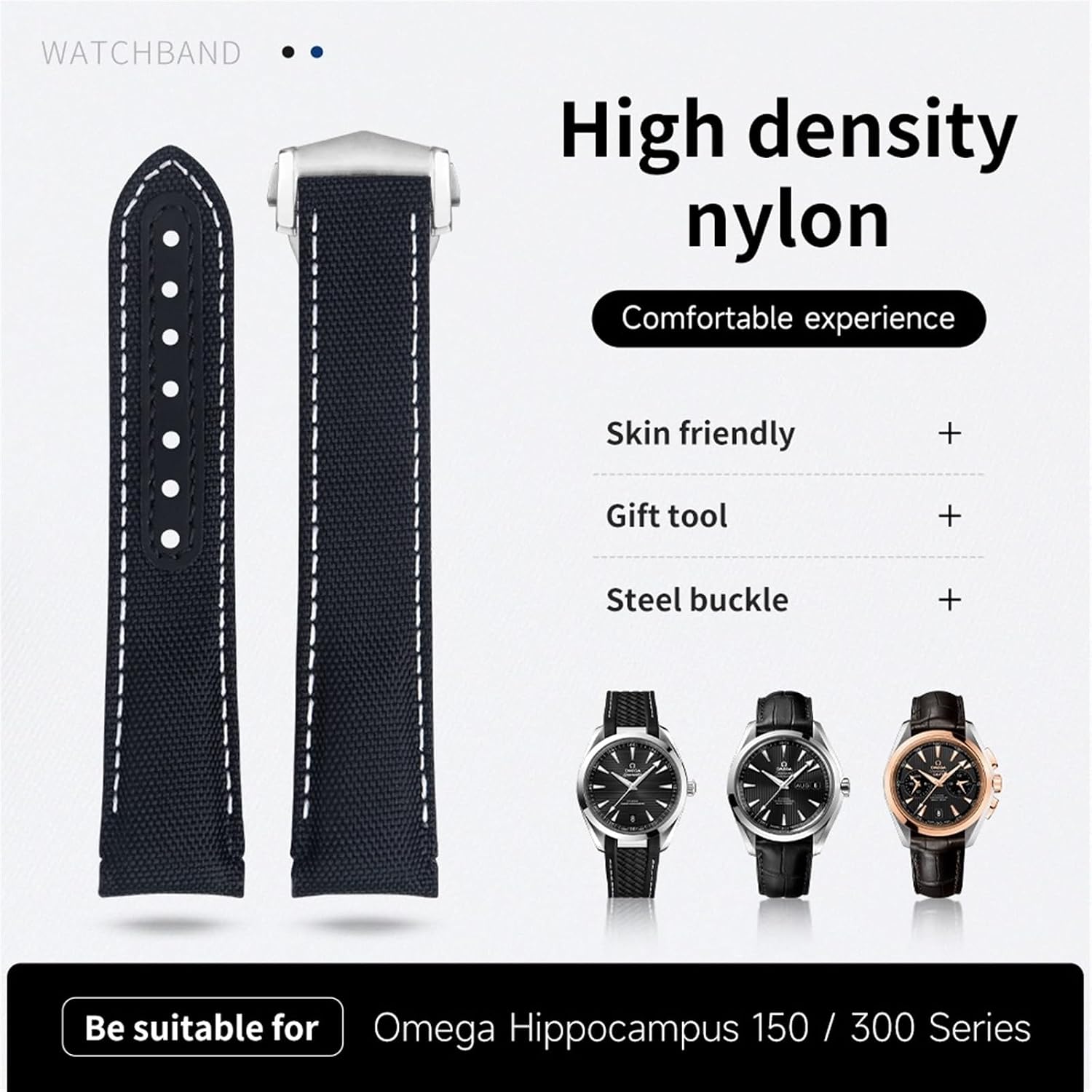 For Omega Strap For AT150 Seamaster 300 Planet Ocean De Ville Speedmaster Curved End Watch Band 20mm New White High Density Nylon Cowhide Watchbands