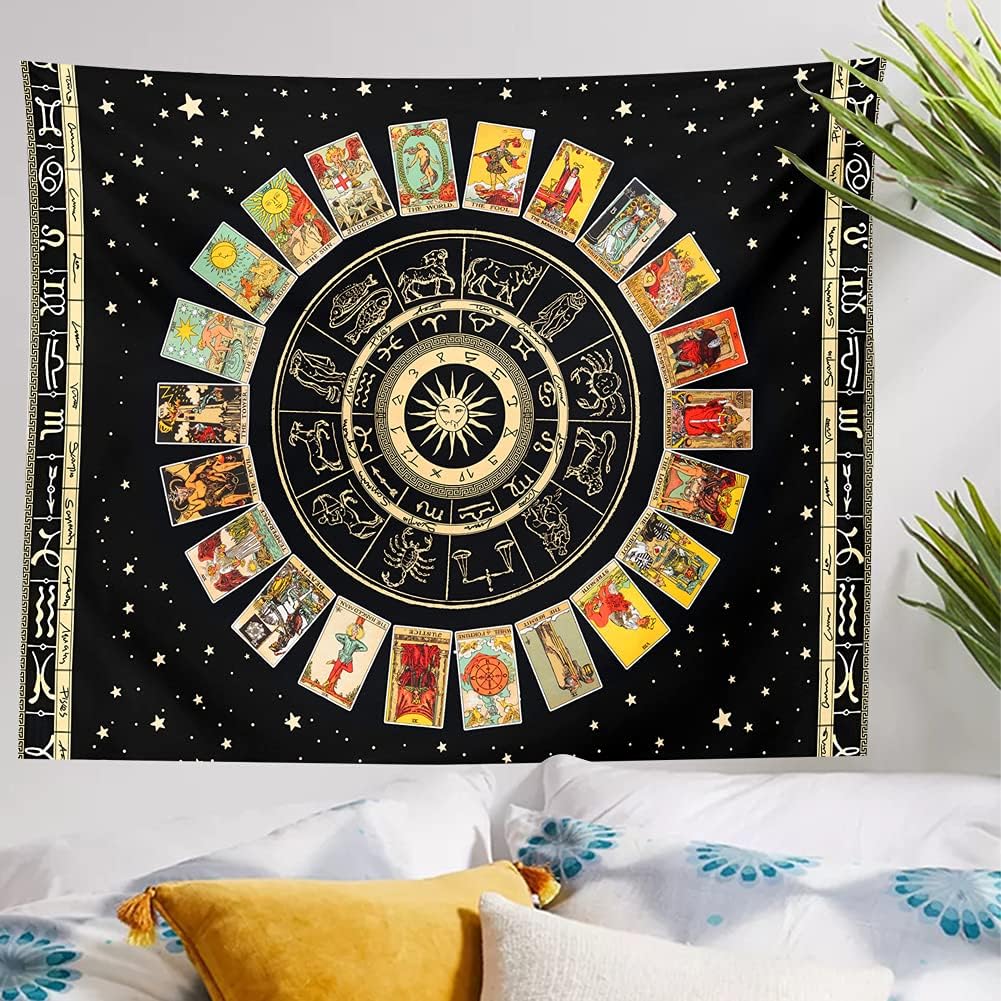Tarot Tapestry Zodiac Tapestries - Sun and Moon Constellation Tapestry Astrology Tapestry Wall Hanging Black Stars Indie Room Decor Teen Girl Dorm College Tapestry Aesthetic (Black, M 51.2ʺ x 59.1ʺ)