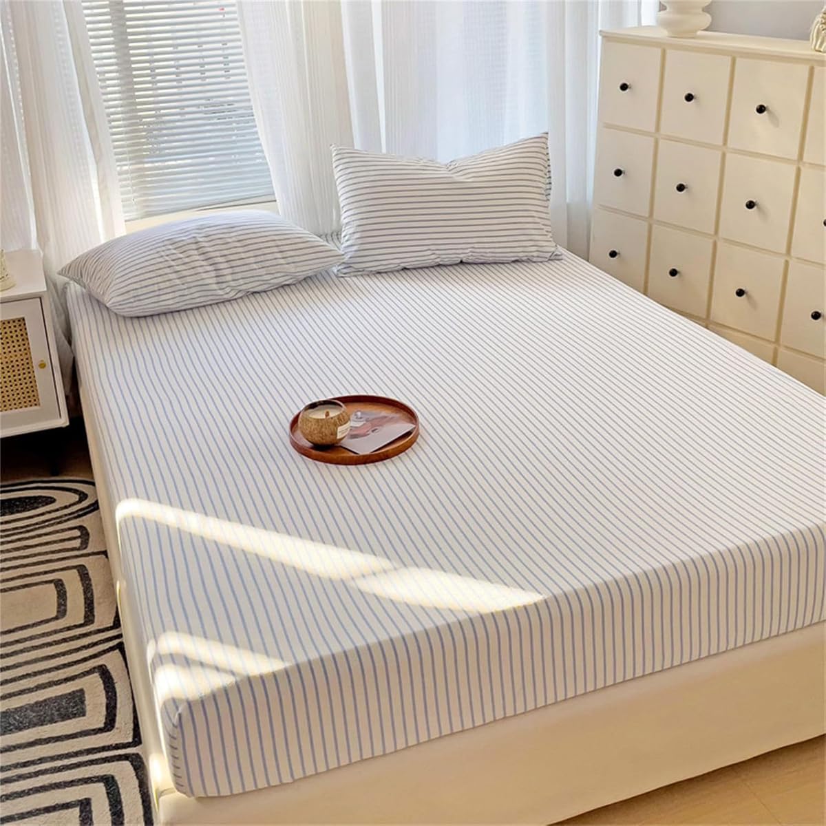 Odot Blue Stripes Fitted Sheets 100% Polyester Elastic Bedding Sheets,All Around Elastic, Super King Fitted Sheet Deep Pocket 25cm - Shrinkage Fade Resistant- 200x220CM - Image 2