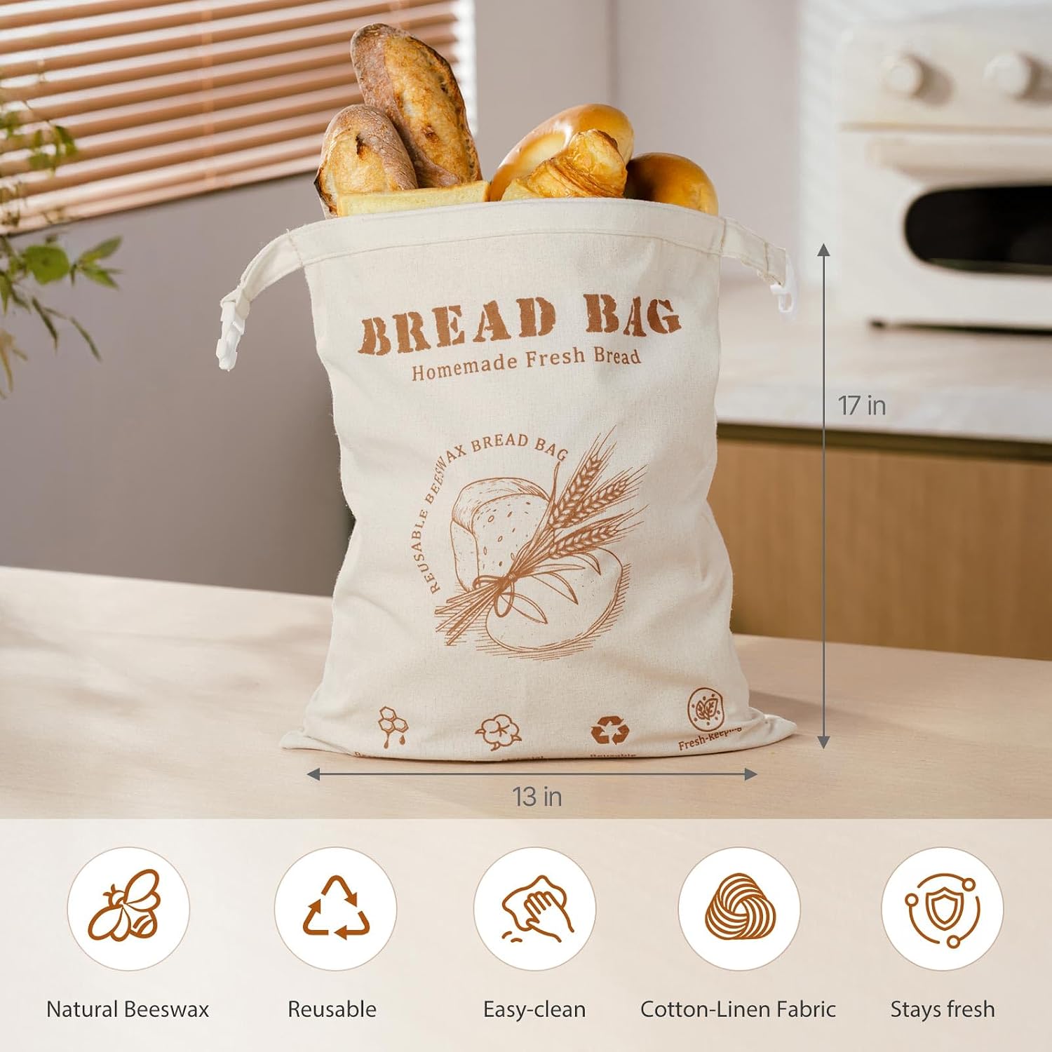 Beeswax Bread Bag, 1 Pack Sourdough Bread Bags for Homemade Bread, 17x13 Inches Bees Wax Wraps Reusable With Freshness Lock Zipper, Keep Bread Fresh for Longer（Caramel loaf-1 Pack）