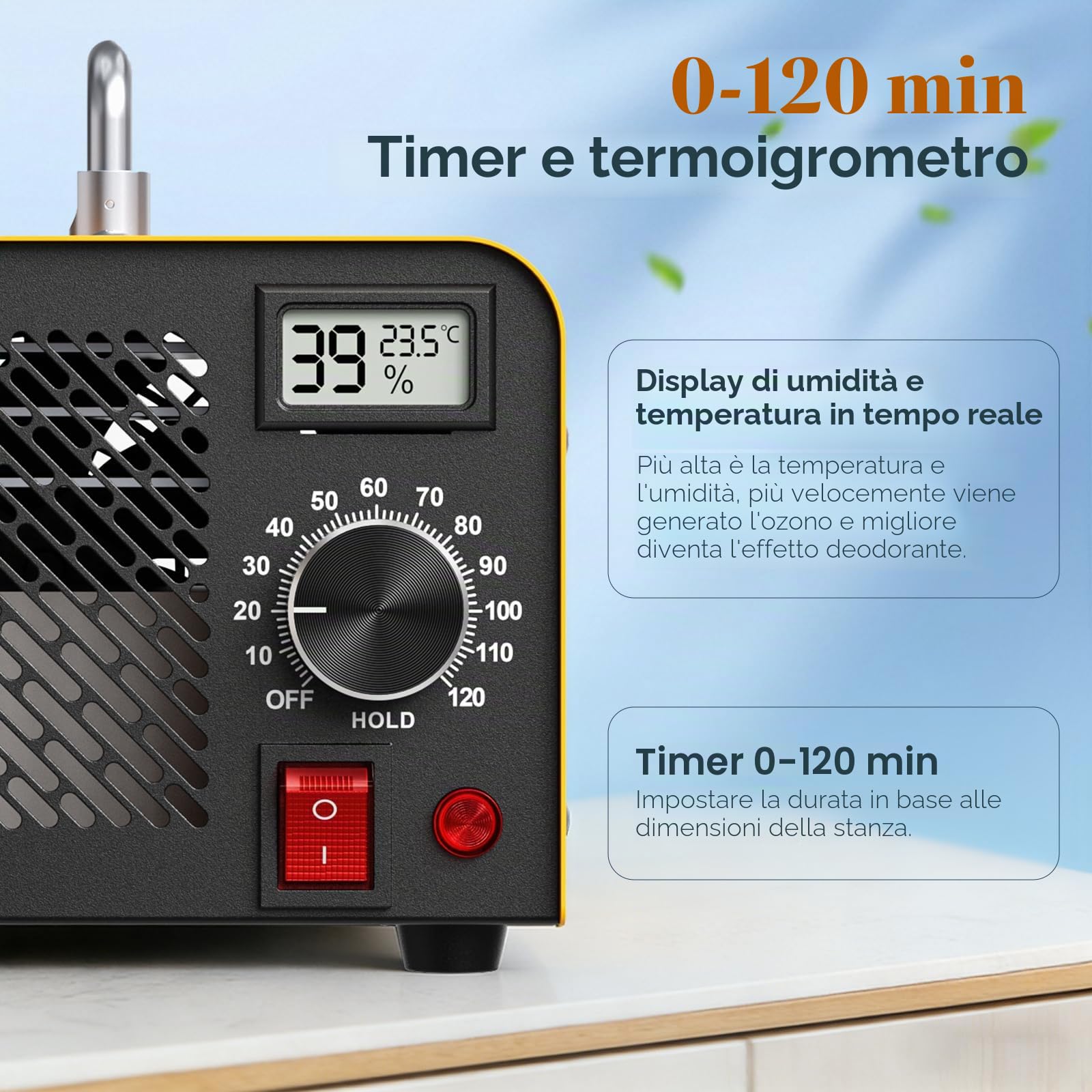 Generatore di ozono 60000 mg/h, purificatore d'aria con ozono per 320 m², con timer da 120 minuti e termoigrometro, ideale per eliminare odori come fumo, animali domestici, cucina (versione base)