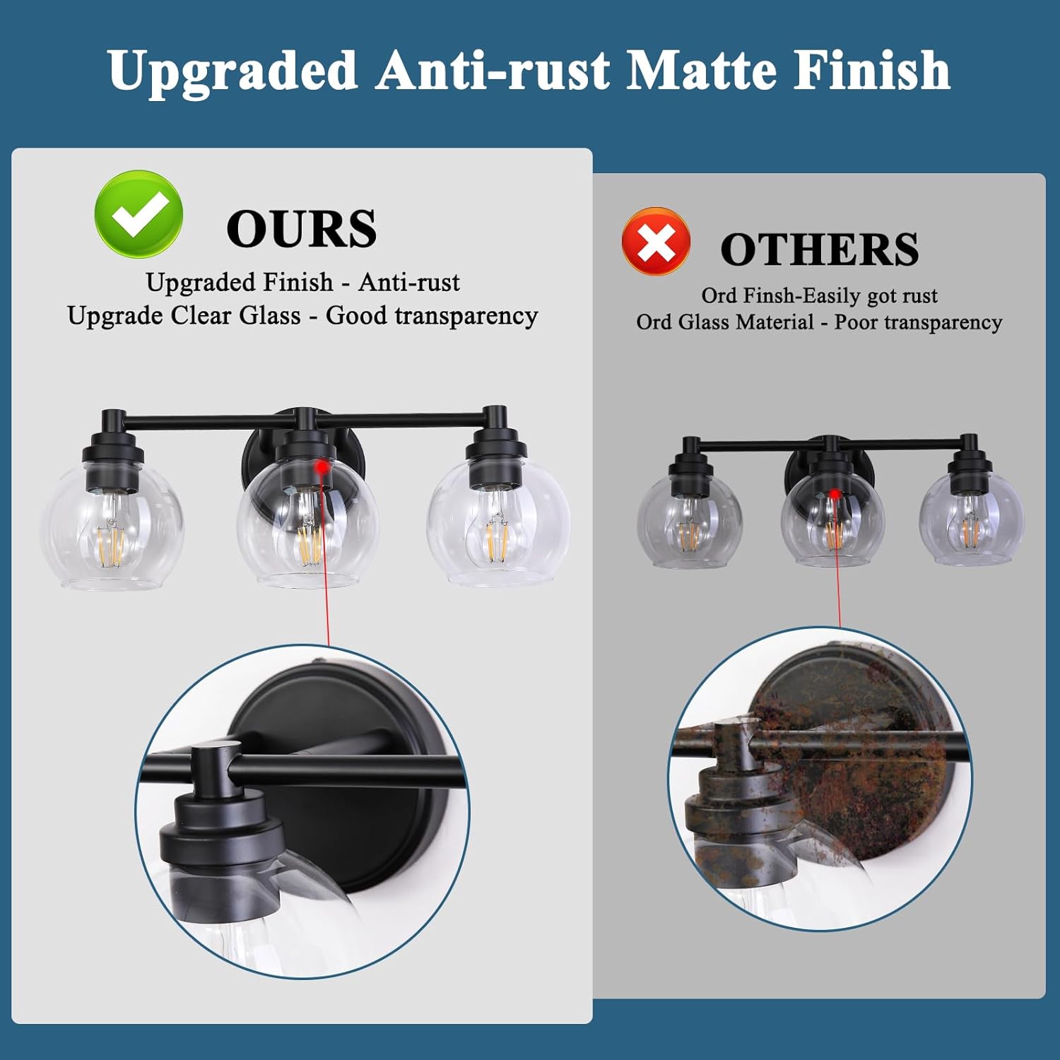 Upgrade Matte Black Bathroom Light Fixtures, Modern Vanity Light with Globe Glass Shade, 3-Light Bathroom Lights Over Mirror, Vanity Lights for Bathroom Bedroom Kitchen Hallway Living Room
