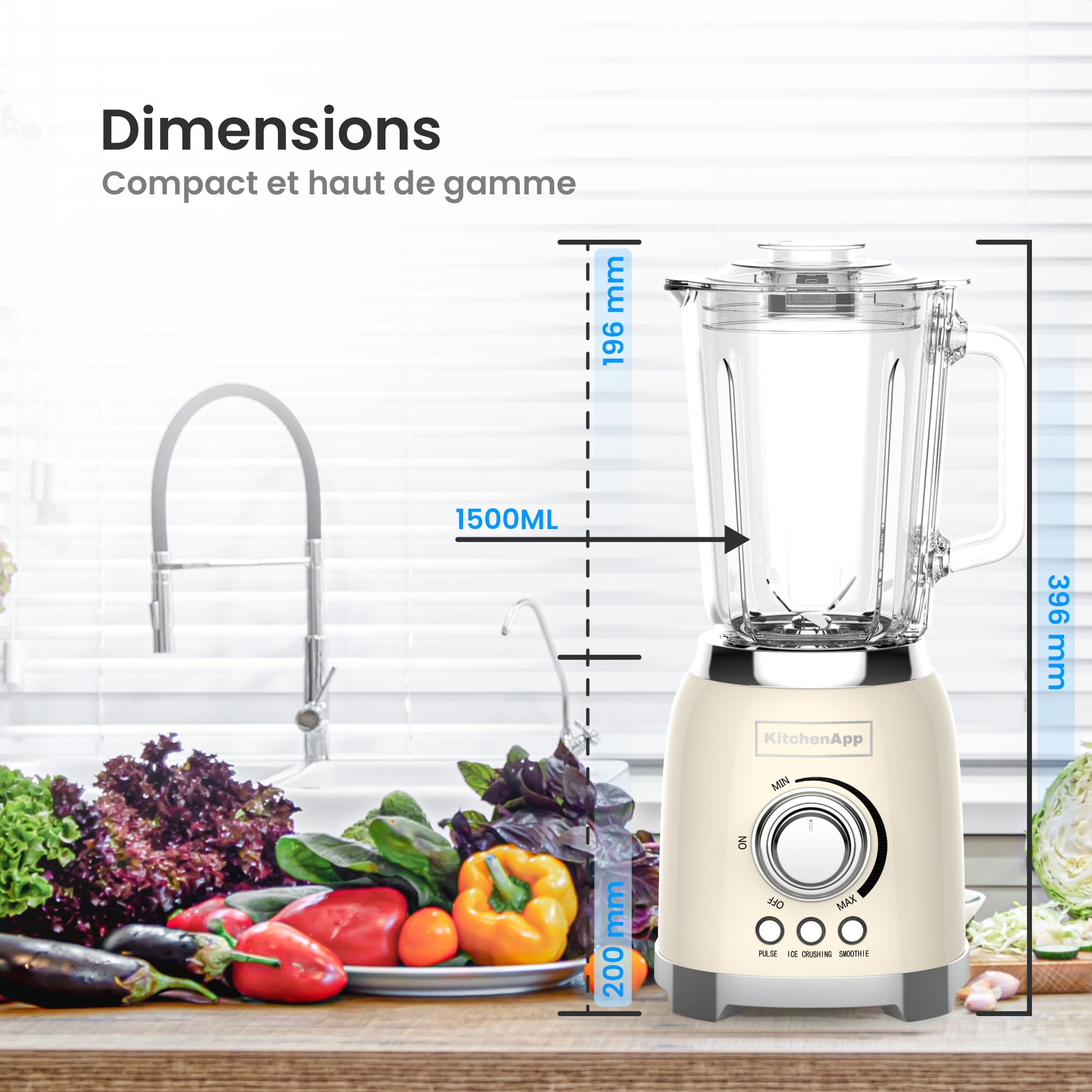 Blender Rétro 1,5L en Verre – Mixeur 800W avec Ice Crush, Smoothie & Pulse – Beige