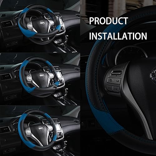 Miniatura 7 de Funda de cuero para volante de automóvil, protector de volante de automóvil antideslizante de cuero de microfibra transpirable, ajuste universal